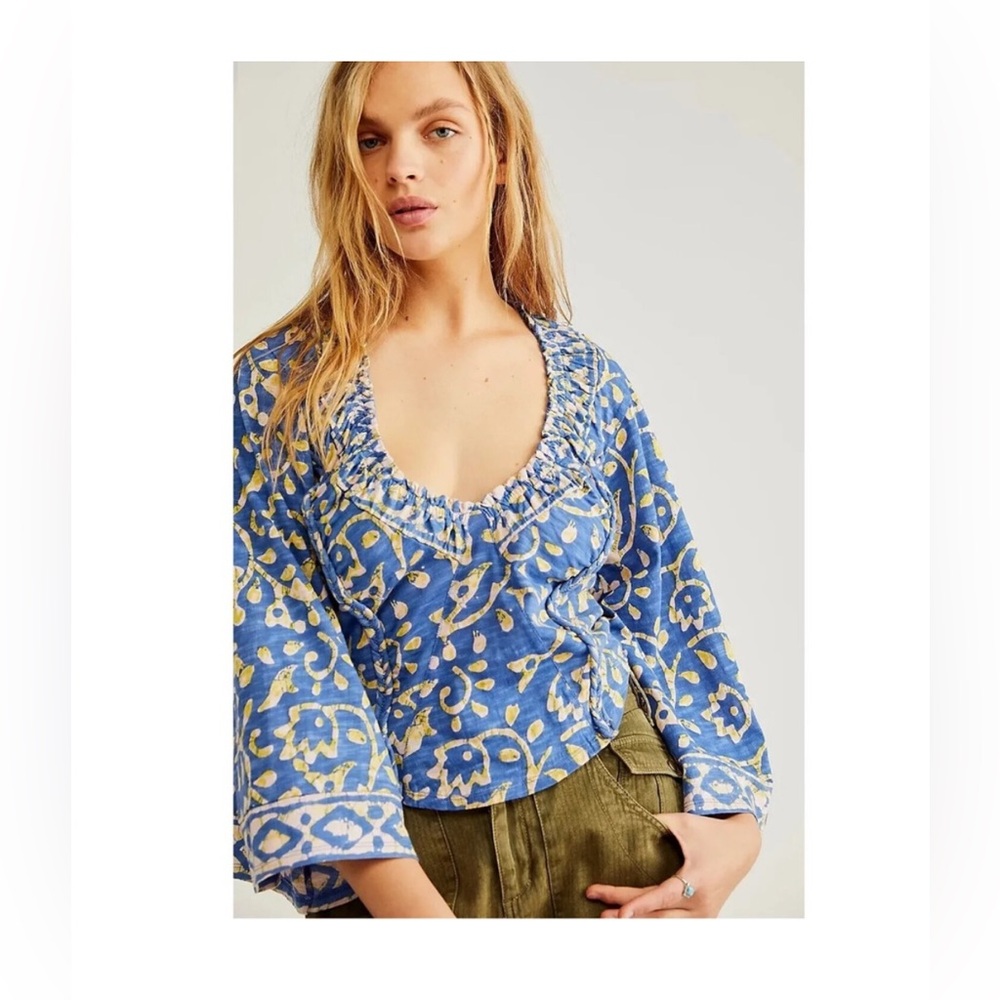 Free People On The Block Bell Sleeve Top in Blue Size Small Festival Summer